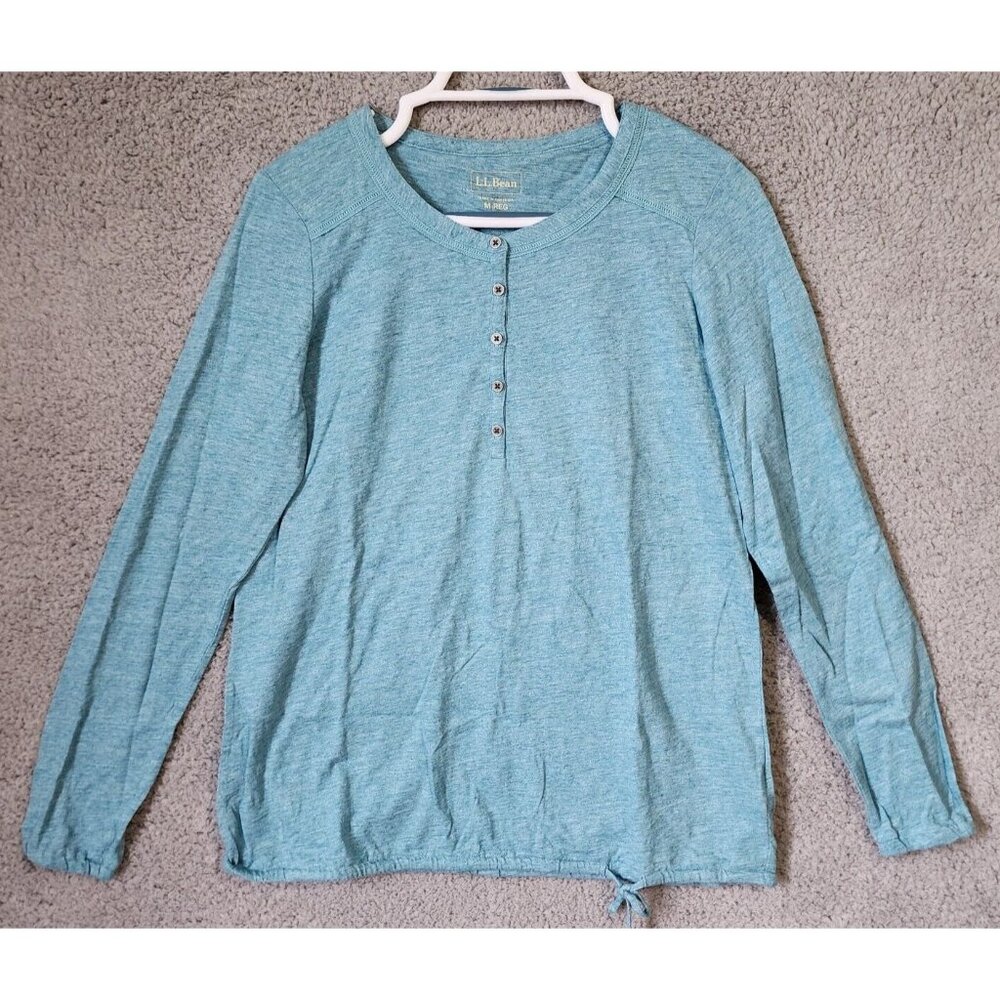 LL Bean Women's Long Sleeve Henley Neck Top Elastic Tie Waist Cotton Blue Sz M
